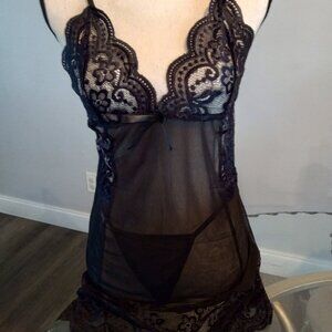 Black Baby Doll and Thong Panties Set with Lace Scallop Accents